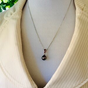 Tahitian Black Pearl Pendant Necklace w/ Diamond & Koa Wood Bail